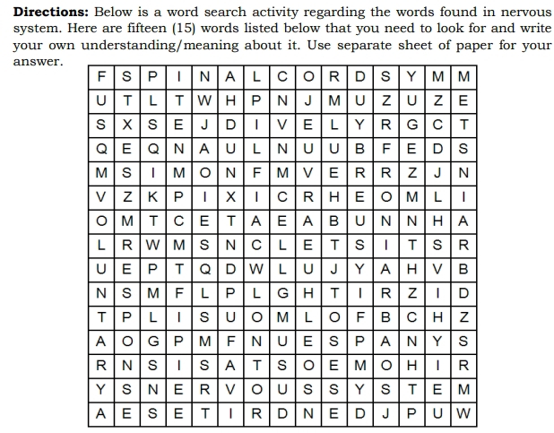 Directions: Below is a word search activity regarding the words found in nervous 
system. Here are fifteen (15) words listed below that you need to look for and write 
your own understanding/meaning about it. Use separate sheet of paper for your 
answer. 
A E S E T | R D N E D J P U W