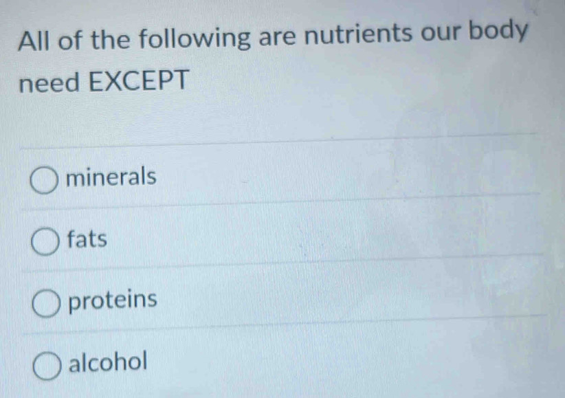 All of the following are nutrients our body
need EXCEPT
minerals
fats
proteins
alcohol