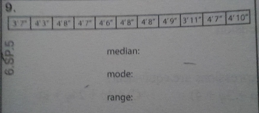 median:
mode:
range: