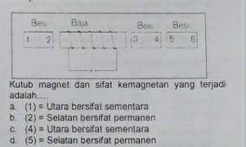 Besi Baja Bes Besi
1 2
3 4 5 6
Kutub magnet dan sifat kemagnetan yang terjadi
adalah....
a. (1)= Utara bersifat sementara
b. (2)= Selatan bersifat permanen
C. (4)= Utara bersifat sementara
d. (5)= Selatan bersifat permanen