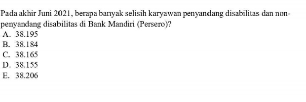 Pada akhir Juni 2021, berapa banyak selisih karyawan penyandang disabilitas dan non-
penyandang disabilitas di Bank Mandiri (Persero)?
A. 38.195
B. 38.184
C. 38.165
D. 38.155
E. 38.206