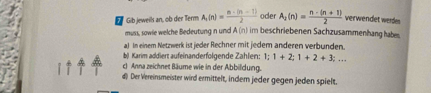 Gib jeweils an, ob der Term A_1(n)= (n· (n-1))/2  oder A_2(n)= (n· (n+1))/2  verwendet werden 
muss, sowie welche Bedeutung n und A(n) im beschriebenen Sachzusammenhang haben. 
a) In einem Netzwerk ist jeder Rechner mit jedem anderen verbunden. 
b) Karim addiert aufeinanderfolgende Zahlen: 1; 1+2; 1+2+3;... 
c) Anna zeichnet Bäume wie in der Abbildung. 
d) Der Vereinsmeister wird ermittelt, indem jeder gegen jeden spielt.