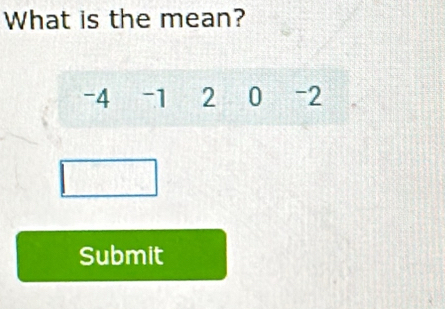 What is the mean?
-4 -1 2 0 -2
Submit