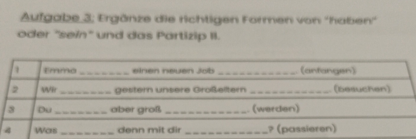 Aufgabe 3; Ergänze die richtigen Formen von 'haben' 
oder 'sein" und das Partizip II.