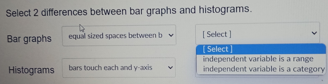 Solved: Select 2 differences between bar graphs and histograms. Bar ...