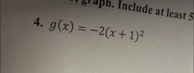 graph. Include at least 5
4. g(x)=-2(x+1)^2