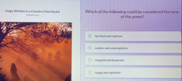 Elegy Written in a Country Churchyard Which of the following could be considered the tone
Thomas Geay of the poem?
horrified and repulsive
somber and contemplative
vengeful and desperate
happy and rejoiceful