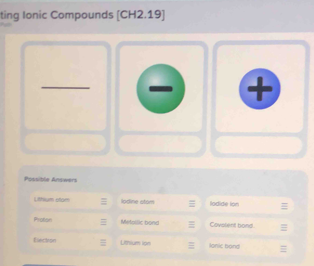 ting Ionic Compounds [ CH2.19]
_
+
Possible Answers
Lithium atom lodine atom lodide ion 
Proton Metallic bond Covalent bond.
Electron Lithium ion lonic bond
=