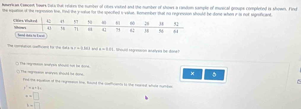 American Concert Tours Data that relates the number of cities visited and the number of shows a random sample of musical groups completed is shown. Find
the equation of the regression line. Find the 3 -value for the specified x -value. Remember that no regression should be done when P is not significant.
The correlation coefficient for the data is r=0.863 and a=0.01. Should regression analysis be done?
The regression analysis should not be done.
The regression analysis should be done.
×
Find the equation of the regression line. Round the coefficients to the nearest whole number.
y'=a=a+bx
a=□
b=□
