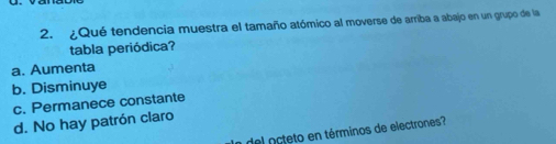 ¿Qué tendencia muestra el tamaño atómico al moverse de arriba a abajo en un grupo de la
tabla periódica?
a. Aumenta
b. Disminuye
c. Permanece constante
d. No hay patrón claro
del octeto en términos de electrones?