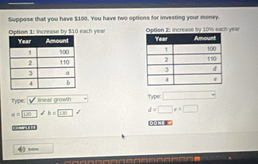 Suppose that you have $100. You have two options for investing your money. 
Option 1: Increase by $10 each year Option 2: Increase by 10% each year

Type: linear growth 
Type::
a=120 b=130
d=□ e=□
DONE 
COMPLETE 
Intro