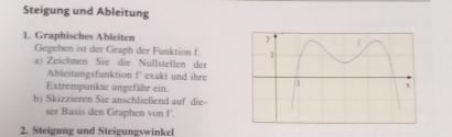 Steigung und Ableitung 
1. Graphisches Ableiten 
Gegeben ist der Graph der Funktion f. 
a) Zeichnen Sie die Nullstellen der 
Ableitungsfunktion f exakt und ihre 
Extrempunkte ungefähr ein. 
b) Skizzieren Sie anschließend auf die- 
ser Basis den Graphen von f'. 
2. Steigung und Steigungswinkel