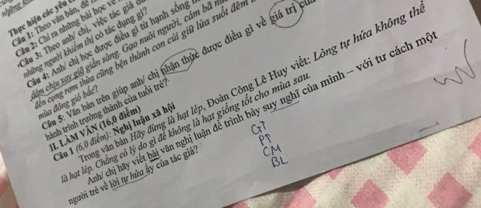 những kh 
Thực hiện các yên 
Tâu 1: Theo văn bản, đé 
2âu 2: Chỉ ra những bài học về 
Câu 3: Theo anh/ chị, việc tác giả 
hững người khiểm thị có tác dụng gi 
Su 4: Ảnh/ chị học được điều gì từ hạnh sống 
im chịu xay giã giản sàng. Gạo nuôi người, cám bã 
n cộng rơm thừa cũng bện thành con củi giữ lửa suốt đếi 
a 5: Văn bản trên giúp anh/ chị nhận thức được điều gì về giá trị 
ng văn bản Hãy đừng là hạt lép, Đoàn Công Lê Huy viết: Lòng tự hứa không t 
mùa đông gió bắc1 
tành trình trưởng thành của tuổi trẻ 
h/ chị hãy viết bài văn nghị luận để trình bày suy nghĩ của mình - với tư cách m 
hạt lẻp. Chẳng có lý do gì để không là hạt giống tốt cho mùa sa 
II. LÀM VăN (16,0 điểm) 
Câu 1 (6,0 điểm): Nghị luận xã hộ 
người trẻ về lời tự hứa ấy của tác giả