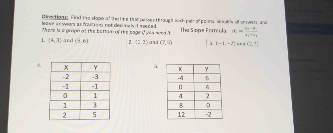 Directions: Find the slope of the line that passes through each pair of points. Simplify all answers, and 
leave answers as fractions not decimals if needed. 
There is a graph at the bottom of the page if you need it. The Slope Formula: m=frac y_2-y_1x_2-x_1
1. (4,3) and (8,6) and (7,5) 3. (-1,-2) and (2,7)
2. (1,3)
4. 5.