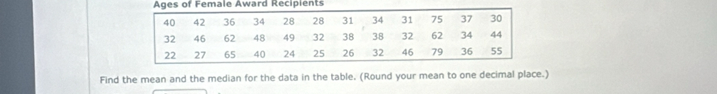 Female Award Recipients 
Find the mean and the median for the data in the table, (Round your mean to one decimal place.)