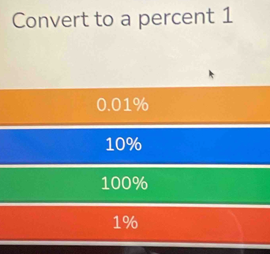 Convert to a percent 1
0.01%
10%
100%
1%