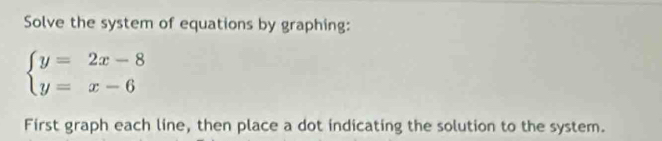 Solve the system of equations by graphing:
beginarrayl y=2x-8 y=x-6endarray.
First graph each line, then place a dot indicating the solution to the system.