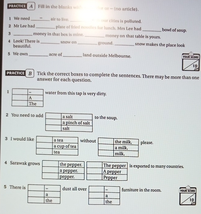PRACTICE A Fill in the blanks wit! he or - (no article). 
1 We need _- air to live. _ our cities is polluted. 
2 Mr Lee had _plate of fried noodies for lunch. Mrs Lee had_ bowl of soup. 
3 _money in that box is mine. _money on that table is yours. 
4 Look! There is _snow on _ground._ snow makes the place look 
beautiful. 
5 We own _acre of_ land outside Melbourne. YOUR SCORE 
10 
PRACTICE B Tick the correct boxes to complete the sentences. There may be more than one 
answer for each question. 
1water from this tap is very dirty. 
2 You need to ado the soup. 
3 I would likithoulease. 

4 Sarawak grows exported to many countries. 
5 There iust all oveurniture in the room. Your Score 

10