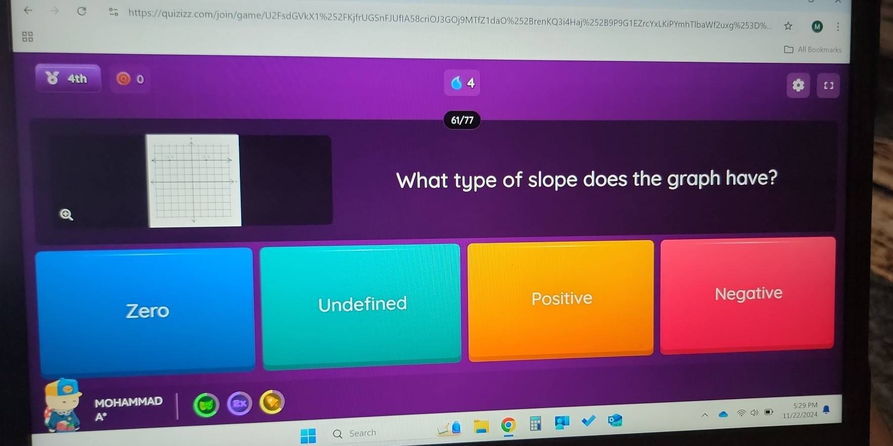 https://quizizz.com/join/game/U2FsdGVkX1%252FKjfrUGSnFJUfIA58criOJ3GOj9MTfZ1daO%252BrenKQ3i4Haj%252B9P9G1EZrcYxLKiPYmhTlbaWf2uxg%253D%...
All Bookmarks
4th
4
61/77
What type of slope does the graph have?
Q
Zero Undefined Positive Negative
MOHAMMAD 5:29 PM
11/22/2024
Search