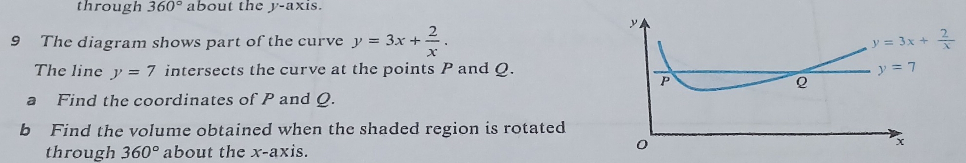 through 360° about the y-axi is.
9 The diagram shows part of the curve y=3x+ 2/x .
The line y=7 intersects the curve at the points P and Q.
a Find the coordinates of P and Q.
b Find the volume obtained when the shaded region is rotated
through 360° about the x-axis.