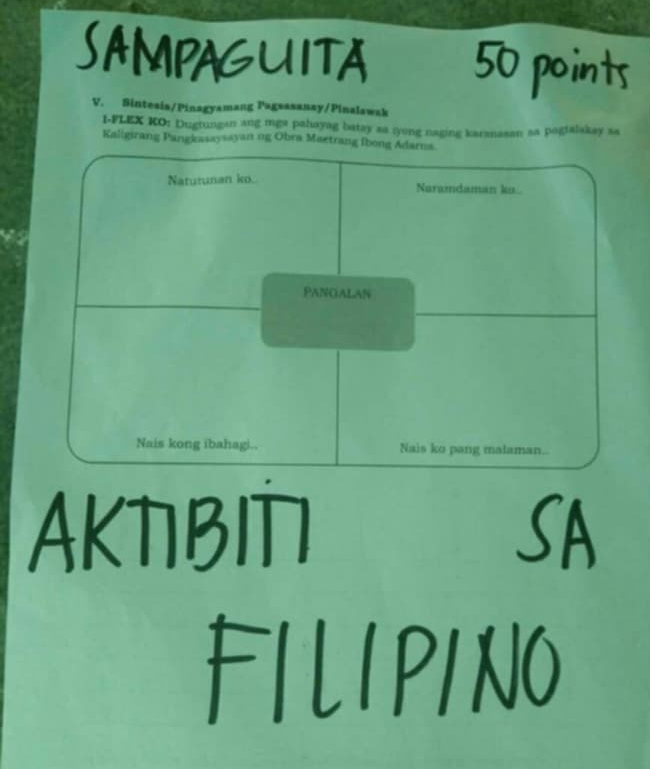 SAMPAGUITA 50 points 
V. Sintesis/Pinagyamang Pagsasanay/Pinalawak 
I-FLEX KO: Dugtungan ang mga pahayag batay sa :yong naging karanasan sa pogfalakay sa 
Kaligirang Pangkasaysayan ng Obra Maetrang fbong Adarna. 
Natutunan ko. Naramdaman k. 
Pangalan 
Nais kong ibahagi.. Nais ko pang malaman.. 
AKTBI SA 
FILIP1NO