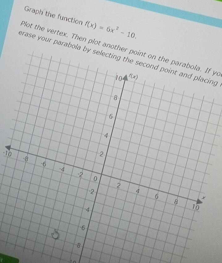 Graph the function f(x)=6x^2-10.
Plot the vertex. Then plot another point on the parabola. If yo
erase your parabola by selecting the second point and placing 
-10