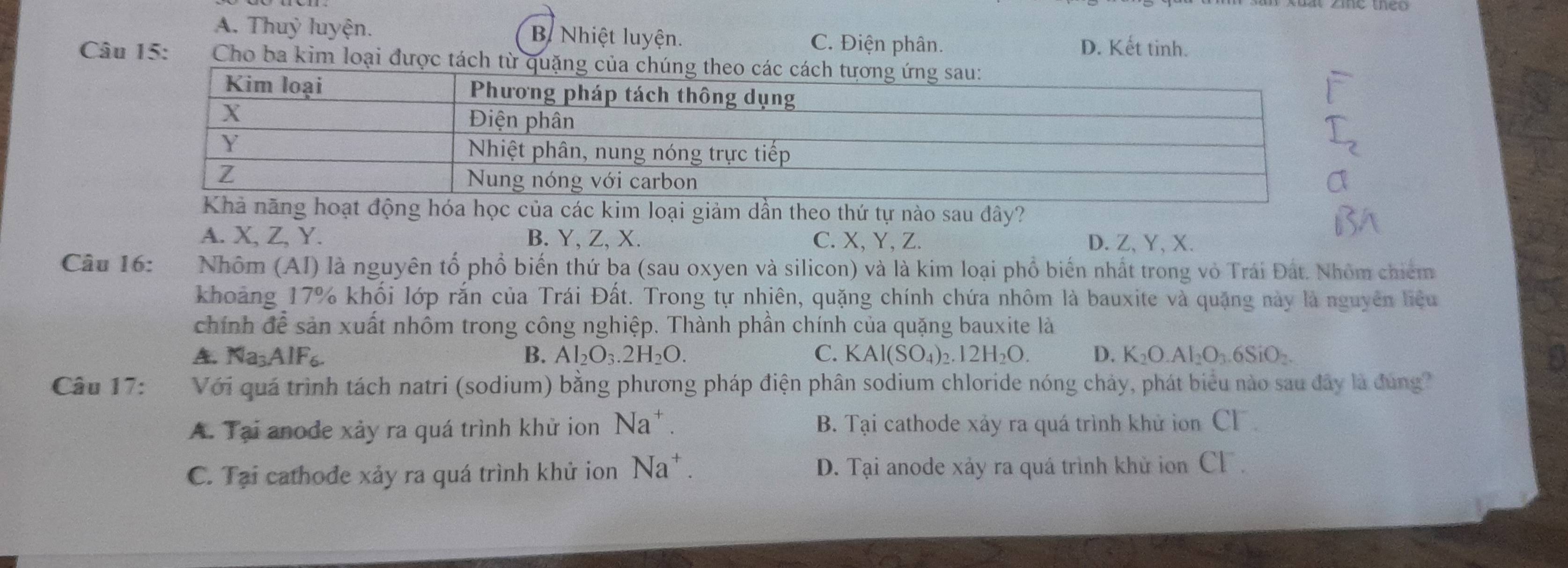 A. Thuỷ luyện. B. Nhiệt luyện. C. Điện phân. D. Kết tinh.
Câu 15: Cho ba kim loại được tách từ quặng của 
của các kim loại giảm dần theo thứ tự nào sau đây?
A. X, Z, Y. B. Y, Z, X. C. X, Y, Z. D. Z, Y, X.
Câu 16: Nhôm (AI) là nguyên tổ phổ biến thứ ba (sau oxyen và silicon) và là kim loại phổ biến nhất trong vỏ Trái Đất. Nhóm chiếm
khoảng 17% khối lớp rắn của Trái Đất. Trong tự nhiên, quặng chính chứa nhôm là bauxite và quặng này là nguyên liêu
chính để sản xuất nhôm trong công nghiệp. Thành phần chính của quặng bauxite là
A. N a=A IF6 B. Al_2O_3.2H_2O. C. KAl(SO_4)_2.12H_2O. D. K_2O.Al_2O_3.6SiO_2. 
Câu 17: Với quá trình tách natri (sodium) bằng phương pháp điện phân sodium chloride nóng chảy, phát biểu nào sau đây là đúng
A. Tại anode xảy ra quá trình khử ion Na^+. B. Tại cathode xảy ra quá trình khử ion Cl
C. Tại cathode xảy ra quá trình khử ion Na^+ D. Tại anode xảy ra quá trình khử ion CF ,