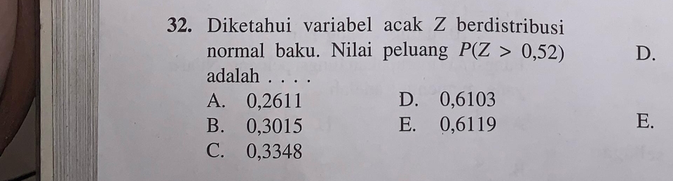 Diketahui variabel acak Z berdistribusi
normal baku. Nilai peluang P(Z>0,52) D.
adalah . . . .
A. 0,2611 D. 0,6103
B. 0,3015 E. 0,6119 E.
C. 0,3348