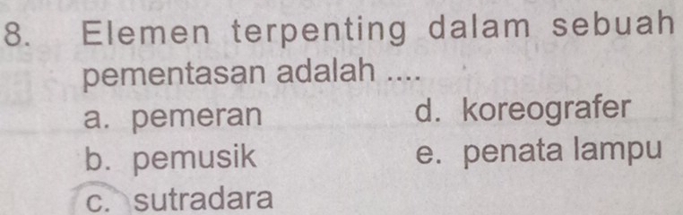 Elemen terpenting dalam sebuah
pementasan adalah ....
a. pemeran d. koreografer
b. pemusik e. penata lampu
c. sutradara