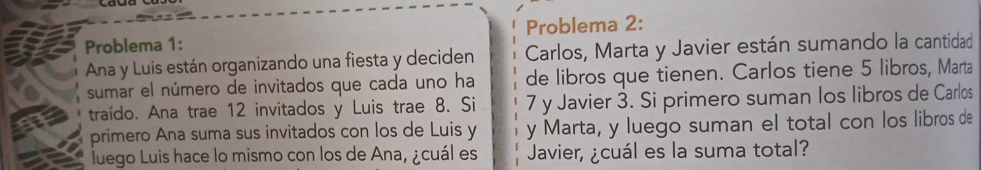 Problema 2: 
Problema 1: 
Ana y Luis están organizando una fiesta y deciden Carlos, Marta y Javier están sumando la cantidad 
sumar el número de invitados que cada uno ha de libros que tienen. Carlos tiene 5 libros, Marta 
traído. Ana trae 12 invitados y Luis trae 8. Si 7 y Javier 3. Si primero suman los libros de Carlos 
primero Ana suma sus invitados con los de Luis y y Marta, y luego suman el total con los libros de 
luego Luis hace lo mismo con los de Ana, ¿cuál es Javier, ¿cuál es la suma total?