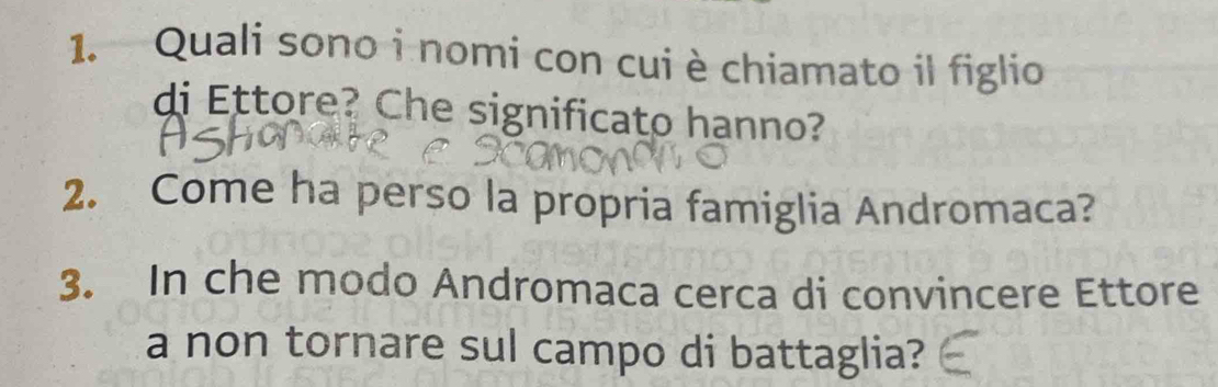 Quali sono i nomi con cui è chiamato il figlio 
di Ettore? Che significato hanno? 
2. Come ha perso la propria famiglia Andromaca? 
3. In che modo Andromaca cerca di convincere Ettore 
a non tornare sul campo di battaglia?