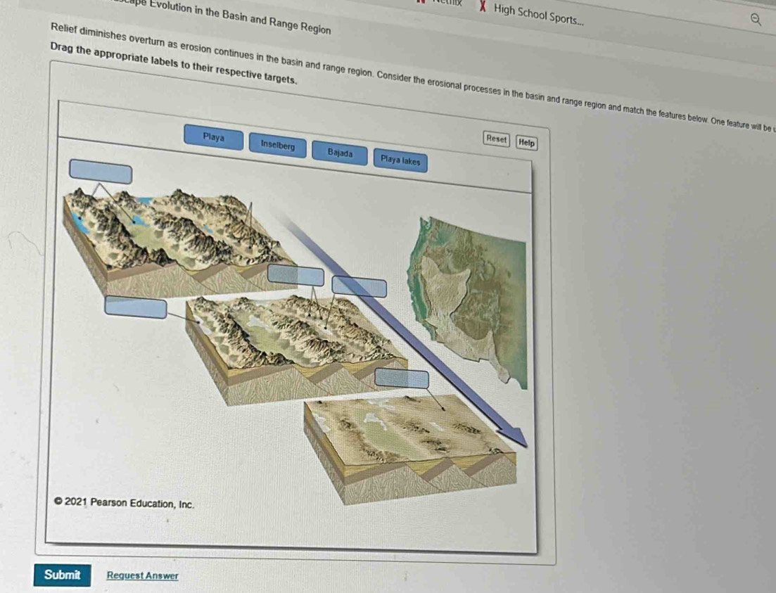 High School Sports... 
upe Evolution in the Basin and Range Region 
Drag the appropriate labels to their respective target 
Relief diminishes overturn as erosion continues in the basin and range region. Consider tange region and match the features below. One feature will be 
Submit Request Answer