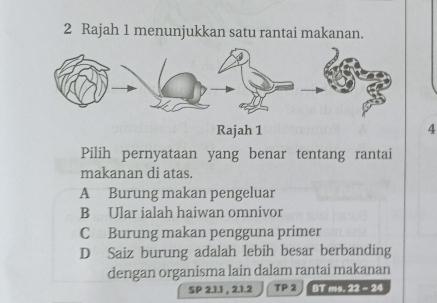 Rajah 1 menunjukkan satu rantai makanan.
4
Pilih pernyataan yang benar tentang rantai
makanan di atas.
A Burung makan pengeluar
B Ular ialah haiwan omnivor
C Burung makan pengguna primer
D Saiz burung adalah lebih besar berbanding
dengan organisma lain dalam rantai makanan
SP 2.1.1 , 2.1.2 TP2 BT ms. 22-24