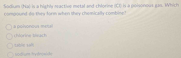 Sodium (Na) is a highly reactive metal and chlorine (Cl) is a poisonous gas. Which
compound do they form when they chemically combine?
a poisonous metal
chlorine bleach
table salt
sodium hydroxide