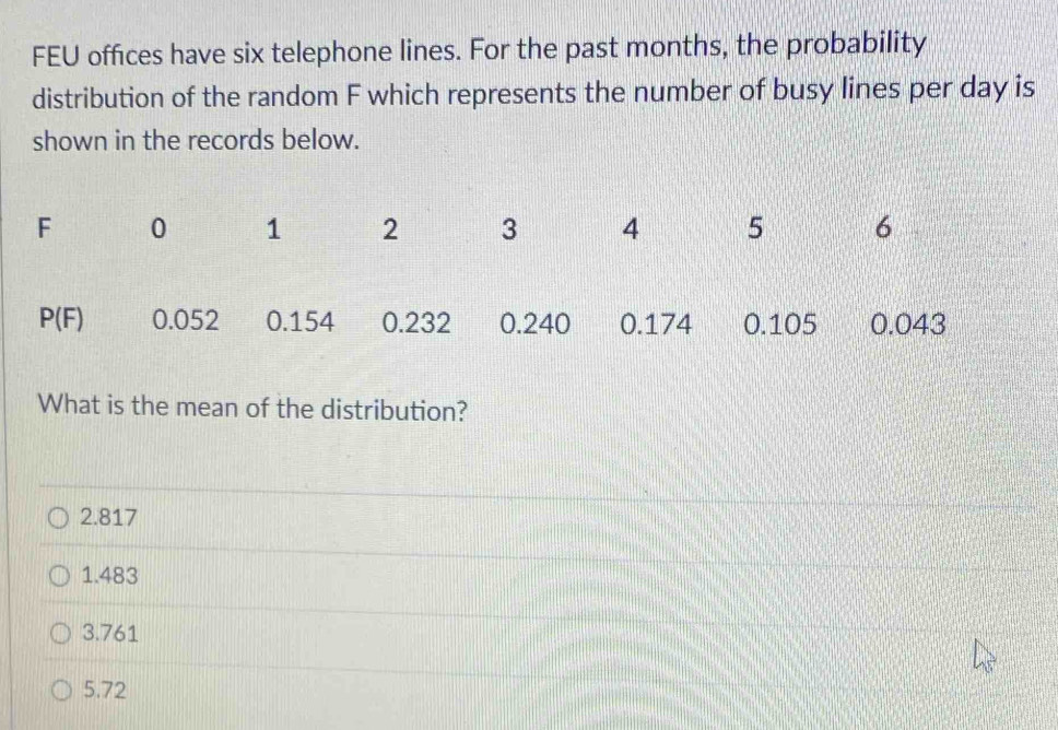 FEU offices have six telephone lines. For the past months, the probability
distribution of the random F which represents the number of busy lines per day is
shown in the records below.
What is the mean of the distribution?
2.817
1.483
3.761
5.72