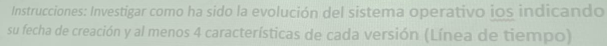 Instrucciones: Investigar como ha sido la evolución del sistema operativo ios indicando 
su fecha de creación y al menos 4 características de cada versión (Línea de tiempo)