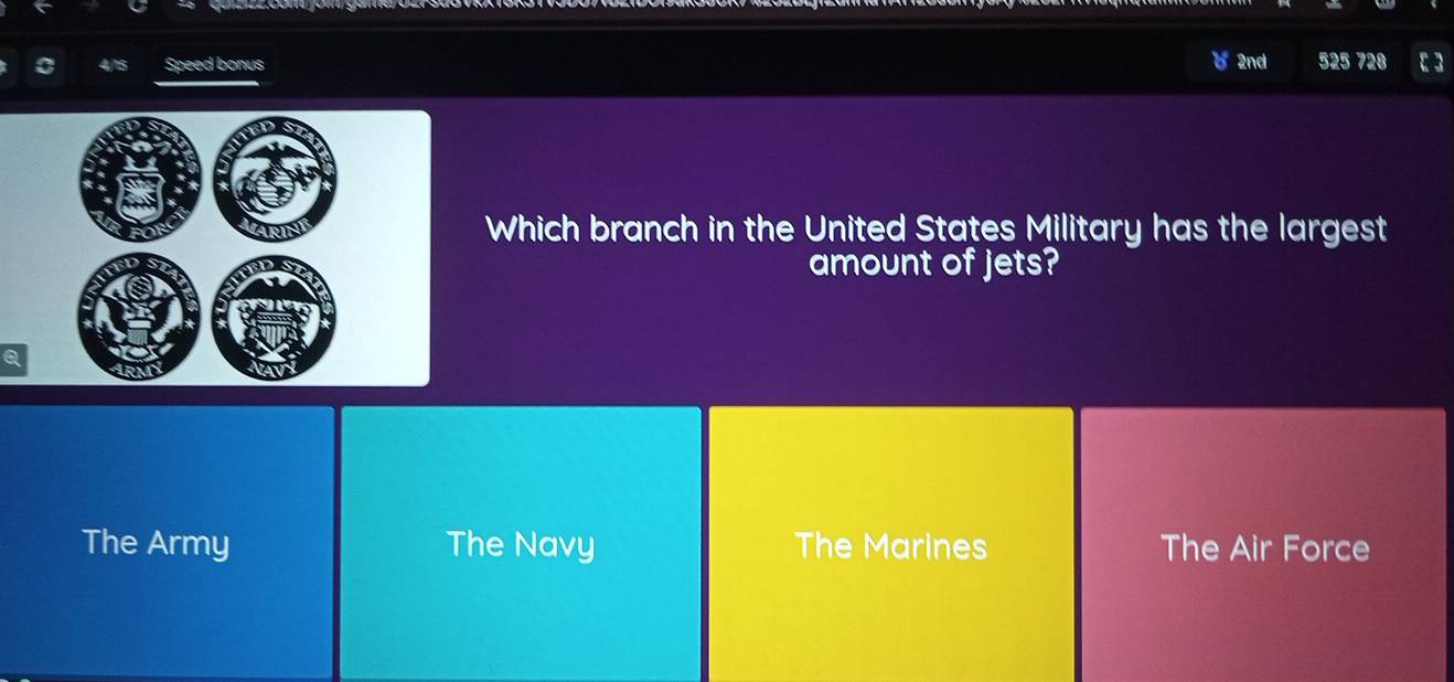 Speed bonus ) 2nd 525 728
Which branch in the United States Military has the largest
amount of jets?
Q
The Army The Navy The Marines The Air Force