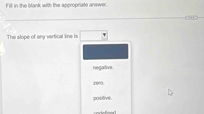 Fill in the blank with the appropriate answer.
The slope of any vertical line is
negative.
zero.
positive.
undefined