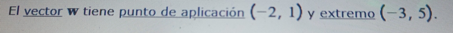 El vector w tiene punto de aplicación (-2,1) y extremo (-3,5).