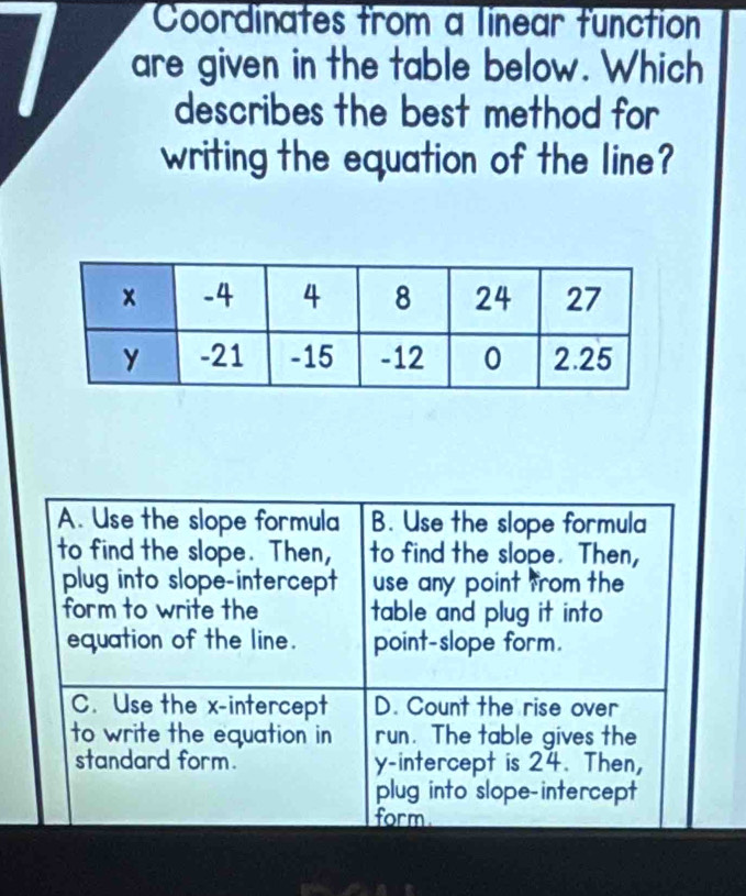 Coordinates from a linear function
I are given in the table below. Which
describes the best method for 
writing the equation of the line?
A. Use the slope formula B. Use the slope formula
to find the slope. Then, to find the slope. Then,
plug into slope-intercept use any point from the 
form to write the table and plug it into 
equation of the line. point-slope form.
C. Use the x-intercept D. Count the rise over
to write the equation in run. The table gives the
standard form. y-intercept is 24. Then,
plug into slope-intercept
form