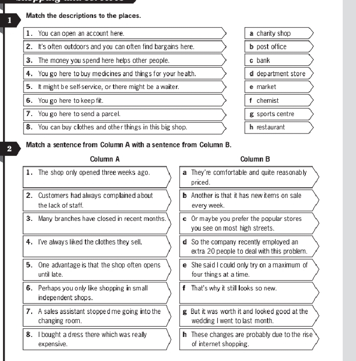 Match the descriptions to the places.
1. You can open an account here. a charity shop
2. It's often outdoors and you can often find bargains here. bpost office
3. The money you spend here helps other people. c bank
4. You go here to buy medicines and thing's for your health. d department store
5. It might be self-service, or there might be a waiter. e market
6. You go here to keep fit. f chemist
7. You go here to send a parcel. g s ports centre
8. You can buy clothes and other things in this big shop. h restau rant
2 Match a sentence from Column A with a sentence from Column B.
Collumn A Column B
1. The shop only opened three weeks ago. a They're comfortable; and quite; reas onably
priced.
2. Customers had always compllained a bout b Another is that it has new items on sale
the lack of staff. every week.
3. Many branches have closed in recent months. cOr maybe you prefer the popular stores
you see on most high streets.
4. I've always liked the clothes they sell. d So the company recently employed an
extral 20 people to deal with this problem.
5. One advantage is that the shop often opens e She said I could only try on a maximum of
until late. four things at a time.
6. Perhaps you only like shopping in small That's why it still looks so new.
independent shops .
7. A sales assistant stopped me going into the g But it was worth it and looked good at the
changing room. wedding I went to last month.
8. I bought a dress there which was really h These changes are probably due to the rise
expensive. of internet shopping.