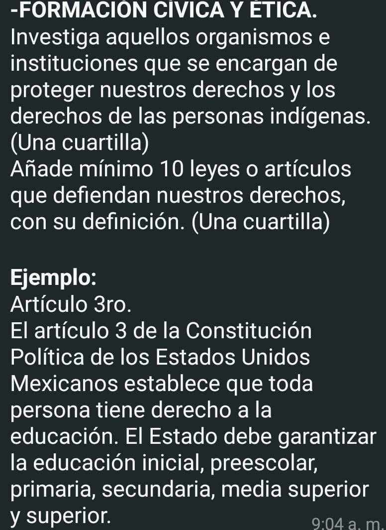 FORMACION CIVICA Y ETICA. 
Investiga aquellos organismos e 
instituciones que se encargan de 
proteger nuestros derechos y los 
derechos de las personas indígenas. 
(Una cuartilla) 
Añade mínimo 10 leyes o artículos 
que defiendan nuestros derechos, 
con su definición. (Una cuartilla) 
Ejemplo: 
Artículo 3ro. 
El artículo 3 de la Constitución 
Política de los Estados Unidos 
Mexicanos establece que toda 
persona tiene derecho a la 
educación. El Estado debe garantizar 
la educación inicial, preescolar, 
primaria, secundaria, media superior 
y superior. 
9:04 a. m