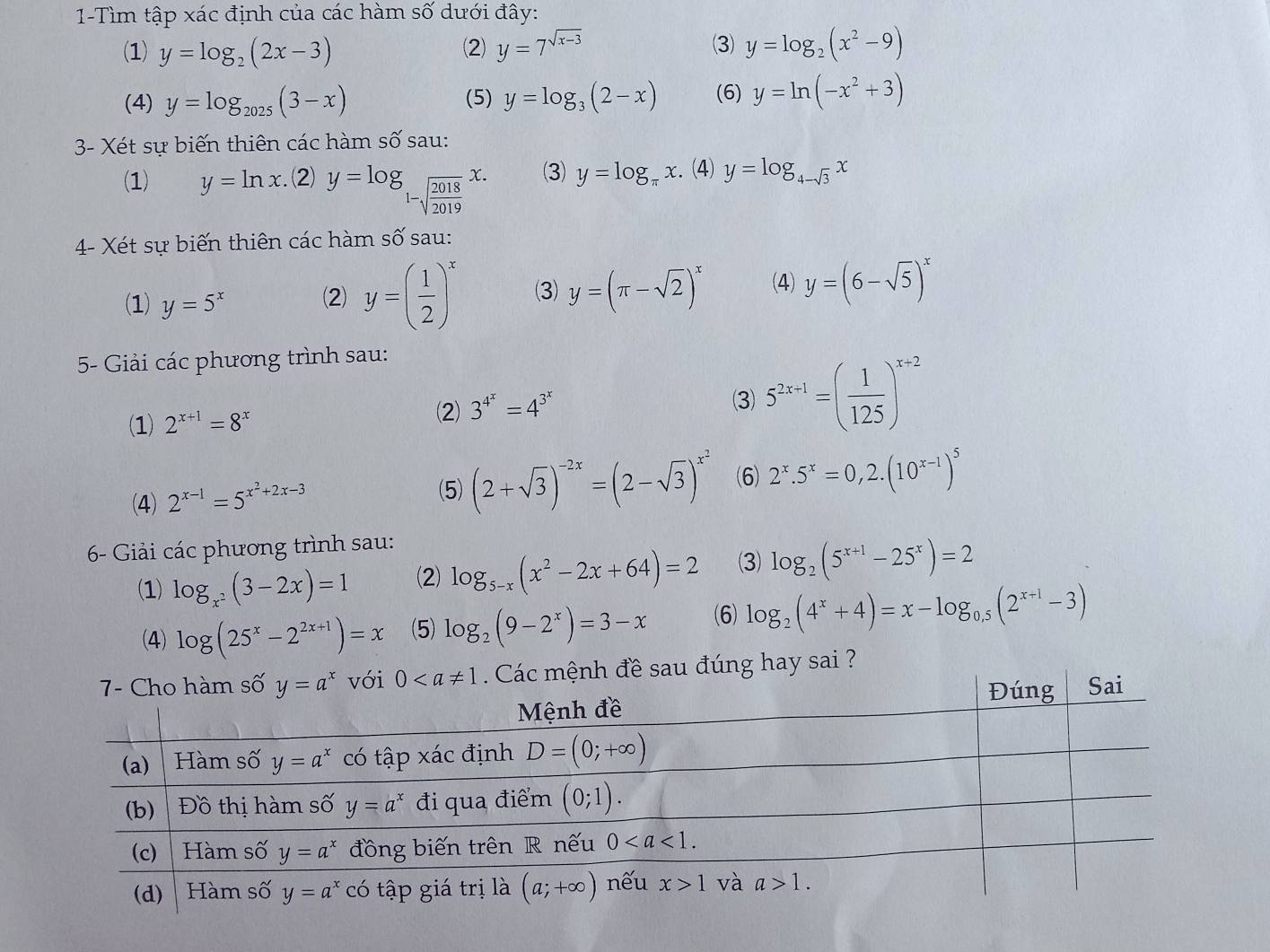 1-Tìm tập xác định của các hàm số dưới đây:
(1) y=log _2(2x-3) ⑵) y=7^(sqrt(x-3)) 3) y=log _2(x^2-9)
(4) y=log _2025(3-x) (5) y=log _3(2-x) (6) y=ln (-x^2+3)
3- Xét sự biến thiên các hàm Swidehat O sau:
(1) y=ln x. (2) y=log _1-sqrt(frac 2018)2019x. (3) y=log _π x. (4) y=log _4-sqrt(3)x
4- Xét sự biến thiên các hàm số sau:
(1) y=5^x (2) y=( 1/2 )^x (3) y=(π -sqrt(2))^x (4) y=(6-sqrt(5))^x
5- Giải các phương trình sau:
3) 5^(2x-1)=( 1/125 )^x+2
(1) 2^(x+1)=8^x
(2) 3^(4^x)=4^(3^x)
(4) 2^(x-1)=5^(x^2)+2x-3
(5) (2+sqrt(3))^-2x=(2-sqrt(3))^x^2 (6) 2^x.5^x=0,2.(10^(x-1))^5
6- Giải các phương trình sau:
(1) log _x^2(3-2x)=1 (2) log _5-x(x^2-2x+64)=2 (3) log _2(5^(x+1)-25^x)=2
(4) log (25^x-2^(2x+1))=x (5) log _2(9-2^x)=3-x (6) log _2(4^x+4)=x-log _0.5(2^(x+1)-3)
c mệnh đề sau đúng hay sai ?