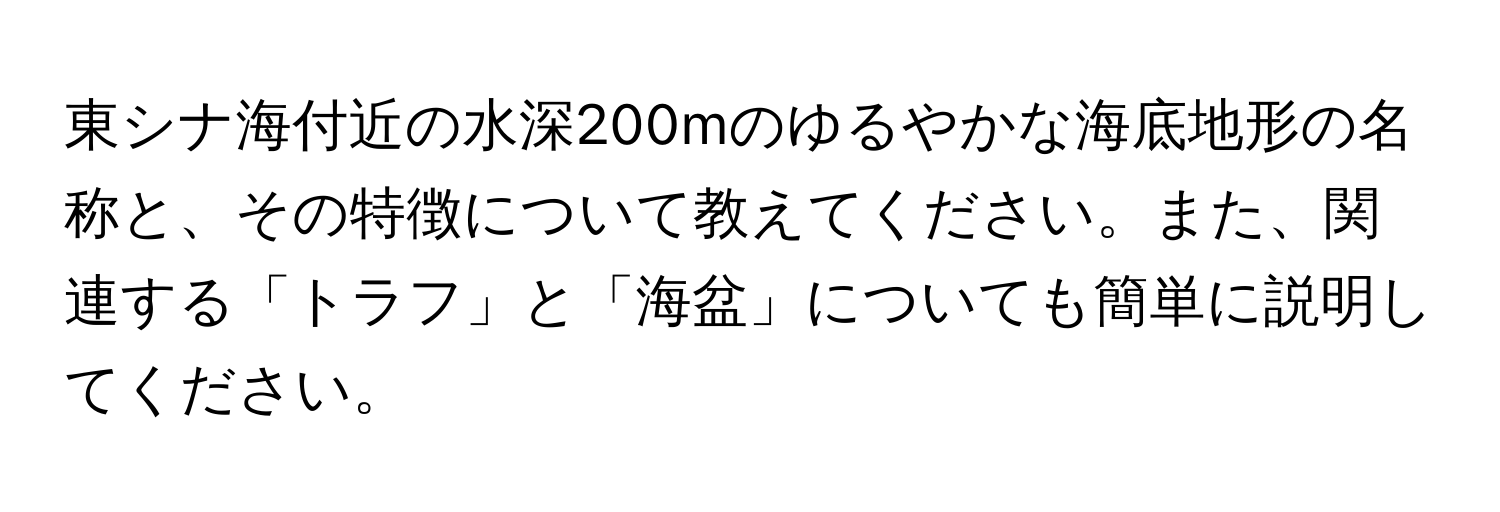 東シナ海付近の水深200mのゆるやかな海底地形の名称と、その特徴について教えてください。また、関連する「トラフ」と「海盆」についても簡単に説明してください。