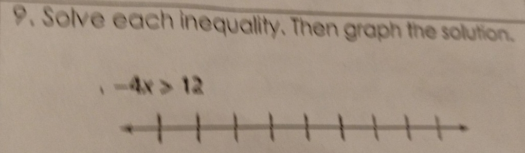 Solve each inequality. Then graph the solution.
-4x>12