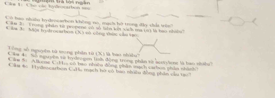 nghiệm trà lời ngân 
Câu t: Cho các hydrocarbon sau: 
Có bao nhiều hydrocarbon không no, mạch hộ trung đây chất trên? 
Câu 2: Trong phần tử propene có số liên kết xích ma (σ) là bao nhiều? 
Câu 3: Một hydrocarbon (X) có công thức cầu tạo: 
Tổng số nguyên tử trong phân tử (X) là bao nhiêu? 
Câu 4: Số nguyên tử hydrogen linh động trong phần tử ácetylene là bao nhiều? 
Câu 5: Alkene C∈ H có bao nhiều đồng phân mạch carbon phân nhánh 
u 6: ydrocarbó C_4H_6 6 m ạch hó có bao nhiều đồng phân cầu tạo ?