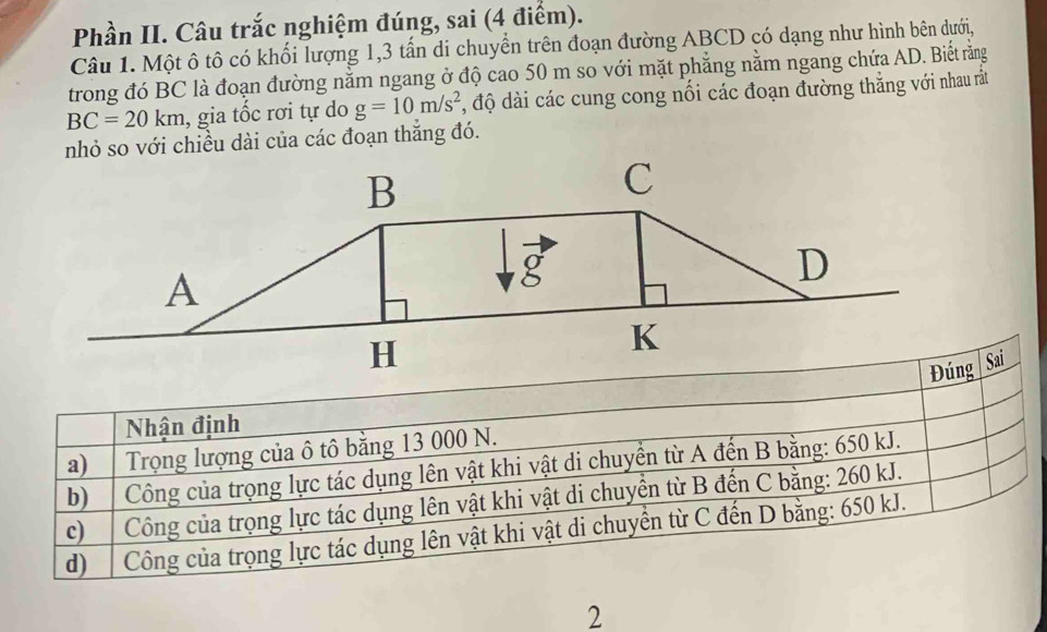 Phần II. Câu trắc nghiệm đúng, sai (4 điểm).
Câu 1. Một ô tô có khối lượng 1, 3 tấn di chuyển trên đoạn đường ABCD có dạng như hình bên dưới,
trong đó BC là đoạn đường nằm ngang ở độ cao 50 m so với mặt phẳng nằm ngang chứa AD. Biết rằng
BC=20km , gia tốc rơi tự do g=10m/s^2 đ, độ dài các cung cong nổi các đoạn đường thắng với nhau rất
nhỏ so với chiều dài của các đoạn thăng đó.
Nhận định
a) Trọng lượng của ô tô bằng 13 000 N.
b) Công của trọng lực tác dụng lên vật khi vật di chuyền từ A đến B bằng: 650 kJ.
c) Công của trọng lực tác dụng lên vật khi vật di chuyền từ B đến C bằng: 260 kJ.
d) Công của trọng lực tác dụng lên vật khi vật di chuyển từ C đến D bằng: 650 kJ.
2