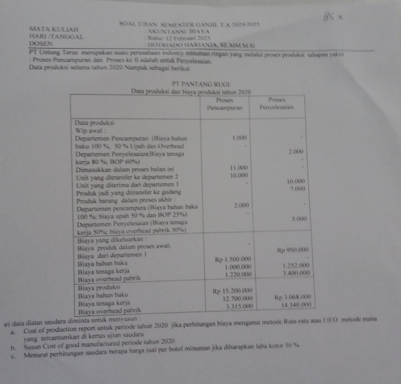 85* 
MATA KULIAH SOAL UJÍAN SEMESTER GANJIL T A 2024/2025 
HARI /TANGGAL : AKUNTANSÍ (αYα Rabu/ 12 Februari 2025 
DOSEN : HOTRÍADO HARÍANJA, SEMMMSí 
PT Untung Terus merupakan suatu perusahaan industry minuman ringan yang melalui proses produksi tahapan yakni 
: Proses Pencampuran dan Proses ke II adalah untuk Penyelesaian. 
Data produksi selama tahun 2020 Nampak sebagai berikut 
ri data diatas saud 
a. Cost of production report untuk periode tahun 2020 jika perhitungan biaya menganut meFO metode mana 
yang tercantumkan di kertas ujian saudara 
b. Susun Cost of good manufactured periode thun 2020
c. Menurut perhitungan saudara berapa harga jual per botol minuman jika diharapkan laba kotor 50 %