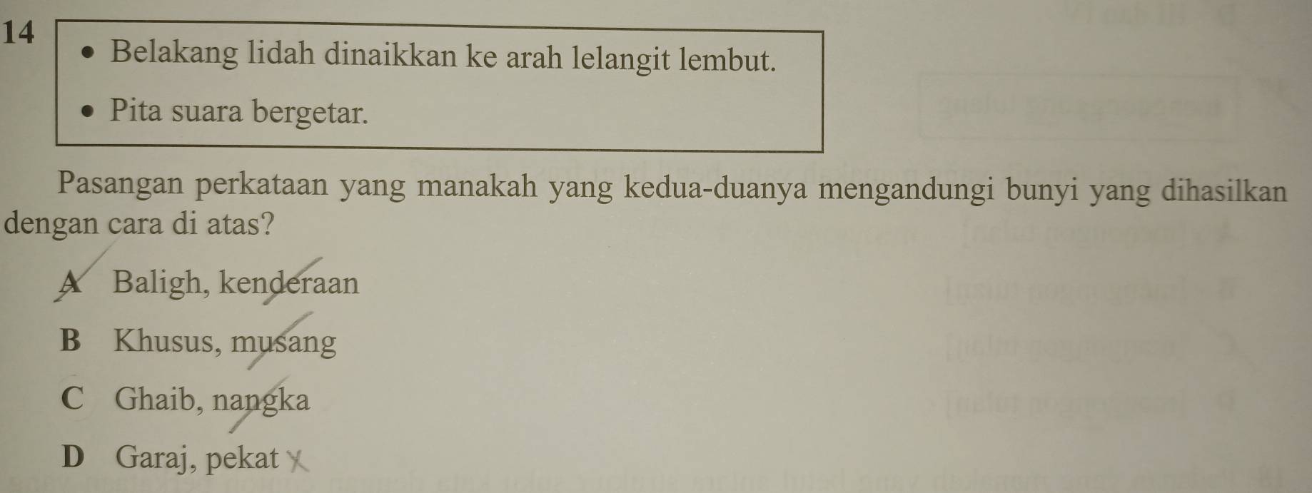 Belakang lidah dinaikkan ke arah lelangit lembut.
Pita suara bergetar.
Pasangan perkataan yang manakah yang kedua-duanya mengandungi bunyi yang dihasilkan
dengan cara di atas?
A Baligh, kenderaan
B Khusus, musang
C Ghaib, nangka
D Garaj, pekat