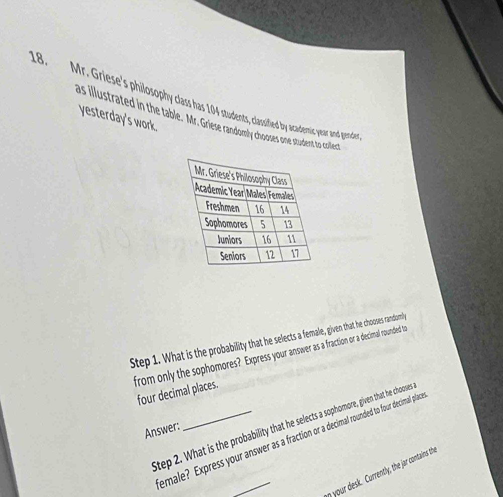 Mr. Griese's philosophy clas has 104 students, classified by academic year and gende 
as illustrated in the table. Mr. Griese randomly chooses one student to coillec yesterday's work. 
Step 1. What is the probability that he selects a female, given that he chooses randomly 
from only the sophomores? Express your answer as a fraction or a decimal rounded to 
four decimal places. 
Step 2. What is the probability that he selects a sophomore, given that he chooses 
Answer: 
emale? Express your answer as a fraction or a decimal rounded to four decimal place 
your desk. Currently, the jar contains th